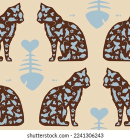 Vector seamless repeat pattern with cats and what they love