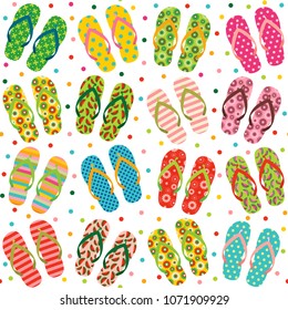 Vector seamless repeat pattern with colorful summer flip flops or beach sandals for vacation clothing and holiday fashion designs 