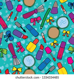 Vector of seamless repeat pattern with colorful make-up/ cosmetics tools on turquoise background. Doodle sketch of girl's cosmetics with ribbons and hearts.