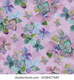 vector, seamless repeat pattern of colorful hydrangea bloom on pink background