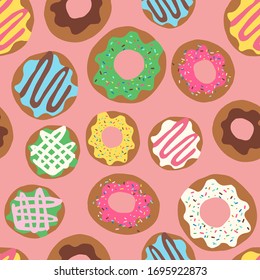 Vector seamless repeat pattern with colourful colorful donuts doughnuts with sprinkles and icing tossed on a peach pink background
