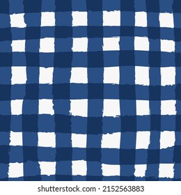 Vector Seamless Repeat Pattern With Dark Navy Gingham Check Plaid With Grunge Torn Edges. Cottagecore, Farmers Market, Countryside Background, Coastal Projects. 