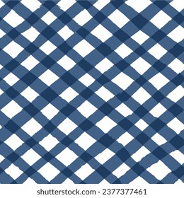 Vector seamless repeat pattern with dark navy bias gingham check plaid with grunge torn edges. Coastal, farmers market, countryside projects. 