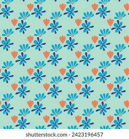 A vector seamless repeat pattern design created with geometrically placed flowers made of teardrop shapes in blues and oranges on a teal background.