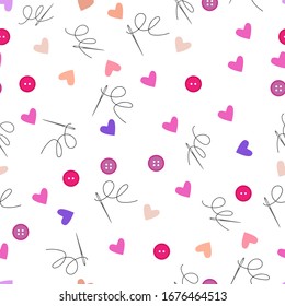 Vector seamless repeat pattern with different sewing accessories, buttons for fabric, scrapbooking and craft projects, gift wraps or wallpaper. Repeating editable vector pattern on a white background.