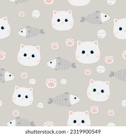 vector, seamless repeat pattern , face of white  cat  , gray fishes, cat paws and white bells on gray background