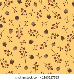 Vector seamless repeat pattern fall berries and acorns on tan background. Great texture pattern for paper, fabric, and other textiles. Surface pattern design