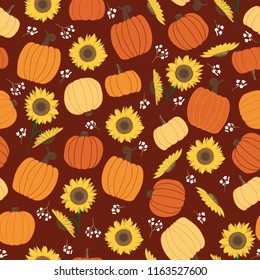 Vector seamless repeat pattern fall pumpkins and sunflowers onf red background. Perfect for tableware, thanksgiving, halloween paper products and more. Surface pattern design.