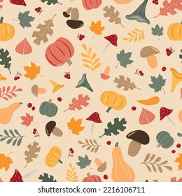 Vector seamless repeat pattern with fall leaves, mushrooms, pumpkins, berries. Great for textile, packaging, Thanksgiving cards
