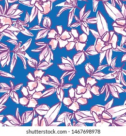 Vector seamless repeat pattern with flowers in purple and pastel pink on cobalt blue background. Hand drawn fabric, gift wrap, wall art design.