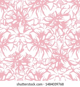 Vector seamless repeat pattern with flowers in white and pastel pink. Hand drawn fabric, gift wrap, wall art design.