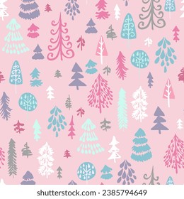 Vector seamless repeat pattern with hand drawn Christmas trees of whimsical shapes in pink, blue, purple pastel and white.