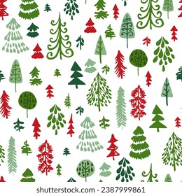 Vector seamless repeat pattern with hand drawn Christmas trees of whimsical shapes in red, green and white.