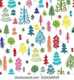 Vector seamless repeat pattern with hand drawn Christmas trees of whimsical shapes in neon rainbow bright happy colors on white. Kids Christmas and winter projects, gift wrap, gift bags and stationery