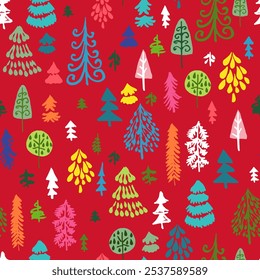 Vector seamless repeat pattern with hand drawn Christmas trees of whimsical shapes in neon rainbow bright happy colors on red. Kids Christmas and winter projects, gift wrap, gift bags and stationery