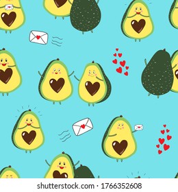Vector seamless repeat pattern with happy excited avocados in love, giving hugs and sending love letters with little hearts on a bright aqua blue background