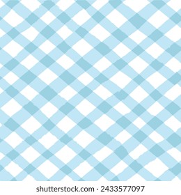 Vector seamless repeat pattern with light baby blue bias gingham check plaid with grunge torn edges. Diagonal checker for baby, Easter, coastal, farmers market, countryside projects. 