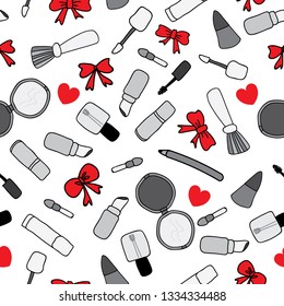Vector of seamless repeat pattern with make-up/ cosmetics tools colored in grey/ silver/ black on white background. Doodle sketch of girl's cosmetics with red ribbons and hearts.