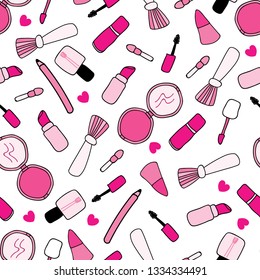 Vector of seamless repeat pattern with make-up/ cosmetics tools colored in cute pink on white background. Doodle sketch of girl's cosmetics with pink heart shapes.