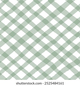 Padrão de repetição sem emenda de vetor com suavizado verde viés gingham verificar xadrez com grunge rasgado bordas. Farmhouse, cottagecore, projetos de mãe bege, mercado de agricultores, produtos orgânicos para bebês. 