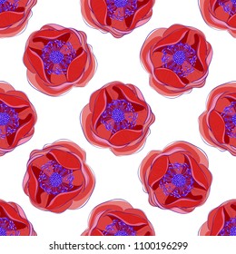 Vector seamless repeat pattern with red flowers, texture background. Hand drawn fabric, gift wrap, wall art design.