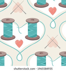 Vector seamless repeat pattern for sewing enthusiasts. Thread spools and needles with heart silhouettes