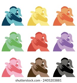 Vector seamless repeat pattern with silhouettes of hugging men and women on white background. Colourful couples in love