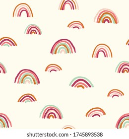 Vector seamless repeat pattern with sloppy thin hand drawn marker squiggly uneven rainbows in earthy indie modern mustard brown blush sage maroon colors half-drop on a cream ivory background