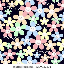 vector , seamless repeat pattern of  smile face flowers with white wavy lines on deep blue background