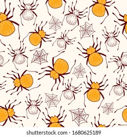Vector seamless repeat pattern tile of yellow spiders.