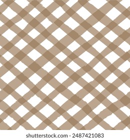 Vector seamless repeat pattern with warm neutral tan bias gingham check plaid with grunge torn edges. Farmhouse, cottagecore, beige mom projects, farmers market, organic baby products. 