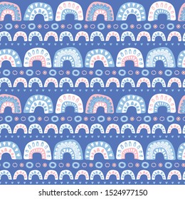 Vector seamless repeat of stylized blue and pink rainbows, hearts and flowers. Sweet hand drawn design background ideal for children.