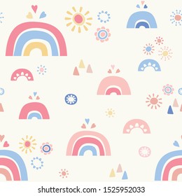 Vector seamless repeat of stylized blue and pink rainbows, hearts and flowers. Sweet hand drawn design background ideal for children.