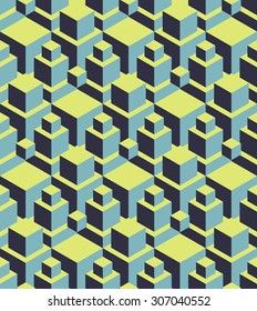 Vector Seamless Repeated Cubes Pattern for Textile Design. Abstract Geometrical Background. Modern Art Texture in Green - Blue Colors