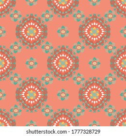 Vector seamless repeating abstract pattern of ornate shapes and decorations. Good for subtle fabric prints in aqua and teal. Pretty for summer and autumn. Also for packaging design and surface print.