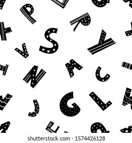 Vector seamless repeating black and white monochrome hand-drawn childish pattern with different letters in Scandinavian style on a white background. Seamless pattern with letters. 