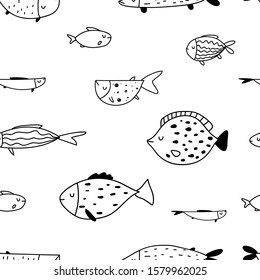 Vector seamless repeating black and white hand-drawn linear ink doodle kids pattern with different fishes in scandinavian style on a white background. Pattern with doodles of fish. Underwater,aquarium