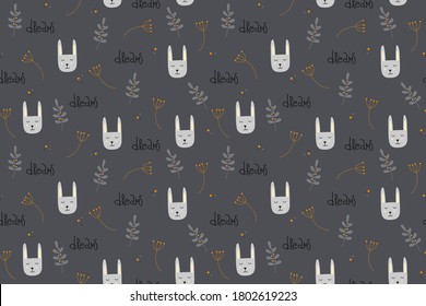 Vector seamless repeating childish pattern with cute bunnies and berries in Scandinavian style on a dark gray background. Design for a nursery, printing cards, on fabric, children's clothes