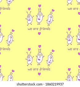 Vector seamless repeating childish pattern with cute monsters aliens and space doodles. Baby background perfect for fabric, wrapping, wallpaper, textile, apparel, cover