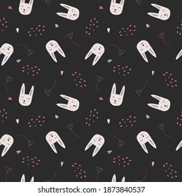 Vector seamless repeating childish pattern with cute rabbits and hearts in the Scandinavian style on a black background. Design for a children's room, printing postcards, on fabrics, children's