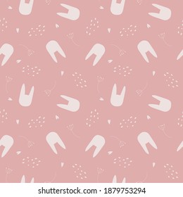 Vector seamless repeating childish pattern with cute rabbits and hearts in the Scandinavian style on a pink background. Design for a children's room, printing postcards, on fabrics, children's clothes