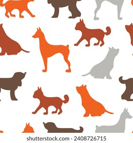 Vector seamless repeating childish pattern with cute dogs, cats in Scandinavian style. Animals background with dog, cat, pets, puppy for invitation, poster, card, flyer, textile, fabric.