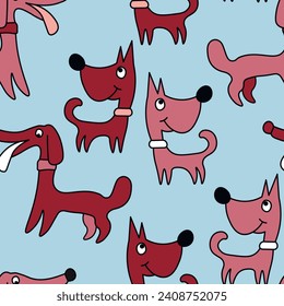 Vector seamless repeating childish pattern with cute dogs in Scandinavian style. Animals background with dog, pets, puppy for invitation, poster, card, flyer, textile, fabric.