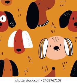 Vector seamless repeating childish pattern with cute dogs in Scandinavian style. Animals background with dog, pets, puppy for invitation, poster, card, flyer, textile, fabric.