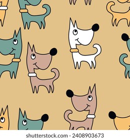 Vector seamless repeating childish pattern with cute dogs in Scandinavian style. Animals background with dog, pets, puppy for invitation, poster, card, flyer, textile, fabric.