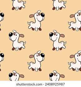 Vector seamless repeating childish pattern with cute dogs in doodle style. Animals background with dog, pets, puppy for invitation, poster, card, flyer, textile, fabric.