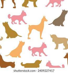 Vector seamless repeating childish pattern with cute dogs, cats in Scandinavian style. Animals background with dog, cat, pets, puppy for invitation, poster, card, flyer, textile, fabric.