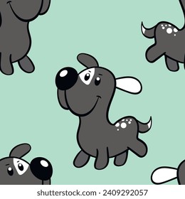 Vector seamless repeating childish pattern with cute dogs in doodle style. Animals background with dog, pets, puppy for invitation, poster, card, flyer, textile, fabric.