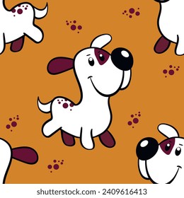 Vector seamless repeating childish pattern with cute dogs in doodle style. Animals background with dog, pets, puppy for invitation, poster, card, flyer, textile, fabric.