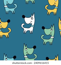 Vector seamless repeating childish pattern with cute dogs in Scandinavian style. Animals background with dog, pets, puppy for invitation, poster, card, flyer, textile, fabric.